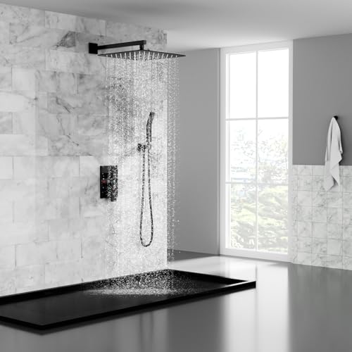 image for SR SUN RISE Matte Black Square Rainfall Shower Head and Handle Set, Wa