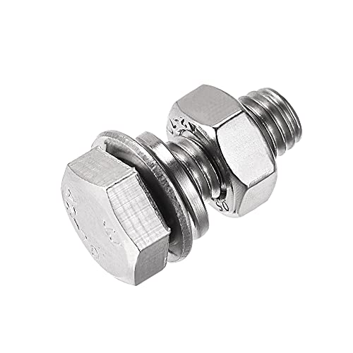 Image of uxcell M8 x 20mm Hex Head Screws Bolts, Nuts, Flat & Lock Washers Kits, 304 Stainless Steel Fully Thread Hexagon Bolts 4 Sets