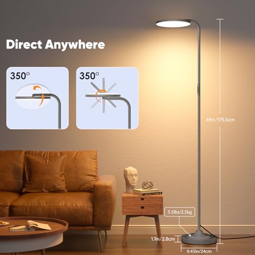 SIBRILLE 36W LED Floor Lamp, Super Bright Standing Lamp, Modern Stepless Dimmable Torchiere Tall Lamp with Remote Control, 350°Rotating Head Reading Floor Lamp for Living Room, Bedroom, Office by SIBRILLE - Image 5