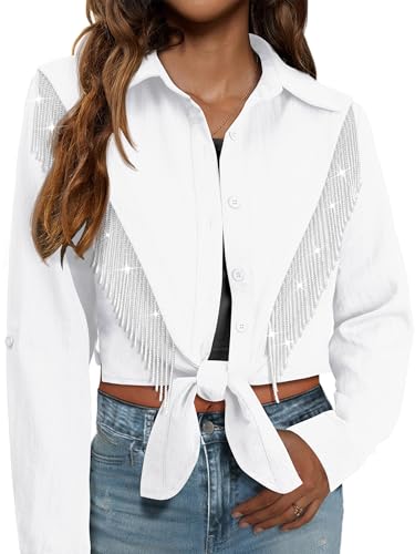 MYMORE Womens Sparkly Rhinestone Fringe Shirts Crop Top Rodeo Disco