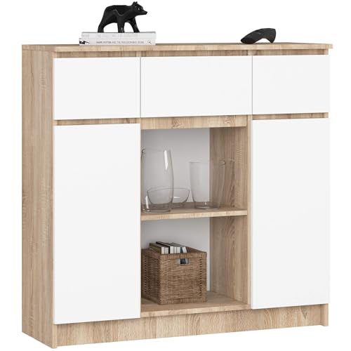 AKORD Kommode K100 mit 3 Schubladen, Schrank mit 2 Tür 6 Regalböden, Für das Wohnzimmer Schlafzimmer, Moderne, 16mm Laminierte Platte, B101xH98xT35 cm, Farbe Sonoma-Eiche & Weiß
