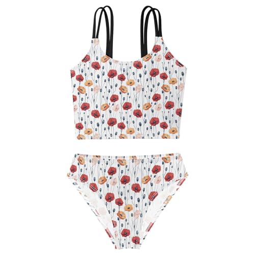 Aflyko Girls Bikini Set Poppy Bloom Flower Bud 2-Piece Fashion Swimwear Crop Top Comfort Fit Bathing Suit for Summer Beach Trip 7-8Y