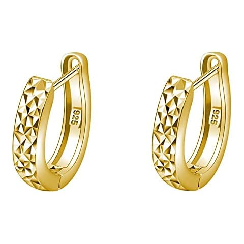 Men's Yellow Gold Vermeil Solid 925 Sterling Silver Diamond Cut Huggie Hoop Earrings Cover