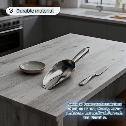 6 oz Stainless Steel Ice Scoop - Heavy Duty, Commercial Grade Kitchen & Bar Scoop for Ice Maker, Bucket, Pet Food, Coffee, Flour, Sugar, Grain - Mirror Polished, Built-in Hook
