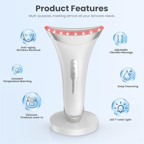 7 Color Light Face and Neck Massager Tool of Double Chin Reducer, Facial Massager with Adjustable Vibration and Thermals for Wrinkles Face Sculpting Tool with Base (White) - Thumbnail 7