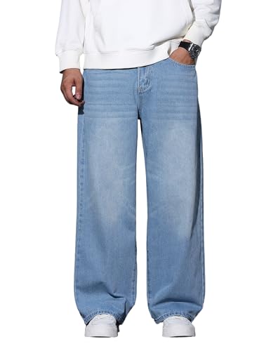 QGRSWBC Men's Wide Leg Jeans Baggy Denim Pants Loose Fit Hip Hop Trousers Skater Jeans Y2k Clothes Blue S