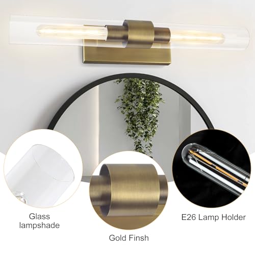 Image of Glass Tube Wall Sconces, 24in Bathroom Vanity Light Fixtures 2-Light Double Glass Sconces Wall Lighting Bathroom Wall Lights for Mirror, Living Room, Bedroom, Hallway (Including Extra Bulbs)-Brass
