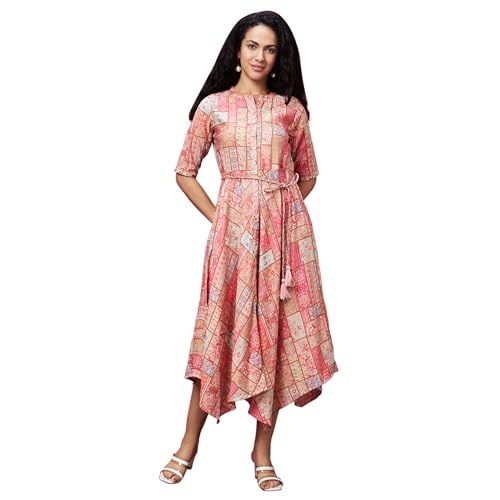 Image of Globus Coral Mandarin Collar All Over Printed Belted Dress