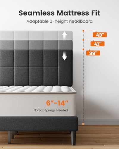Pipishell Queen Bed Frame with 12 Thickened Legs&Fabric Upholstered Headboard,1300 lbs Strong Weight Capacity, Adjustable Headboard, No Box Spring Needed, Easy Assembly, Underbed Storage(Solid Wooden)