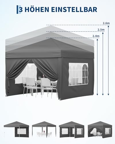 Faltpavillon 3x3 m wasserdicht stabil mit 4 Seitenwänden – Pop up Pavillon faltbar aus 420D Oxford, UV-Schutz 50+, 3-Fach höhenverstellbar, Partyzelt mit Tragetasche für Garten & Outdoor Grau