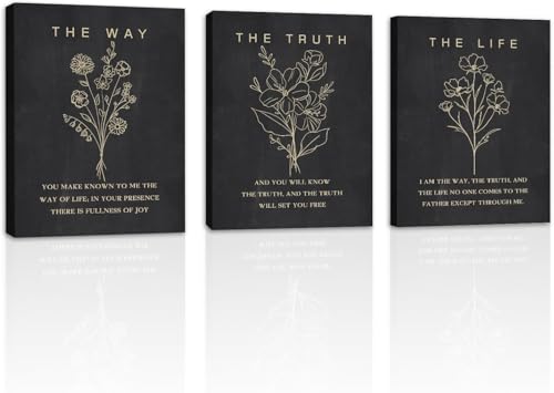 KAIRNE Framed Boho Floral Christian Bible Verse Canvas Wall Art Set,12”*16”Inch The Way The Truth The Life Scriptures Poster Black Minimalist Botanical Flower Bible Wall Decor for Living Room Bedroom