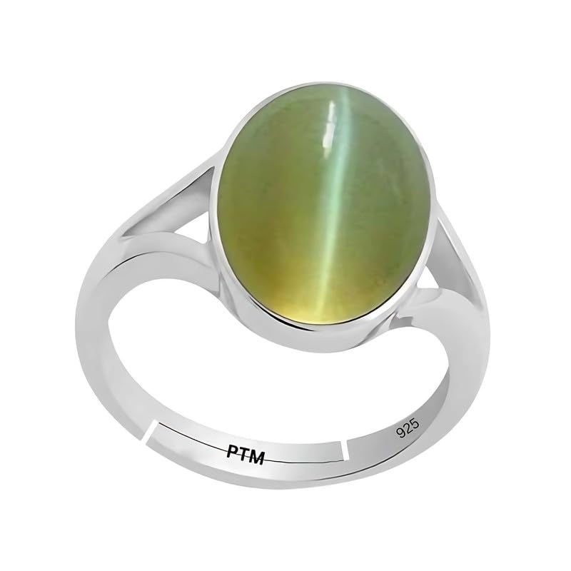 PTM Natural Cats Eye/Lahsunia 3.25 to 10.25 Ratti or 3.00 to 9.50 Carat Astrological Certified Gemstone Pure Sterling Silver/925 bis Hallmark Adjustable Ring for Men and Women