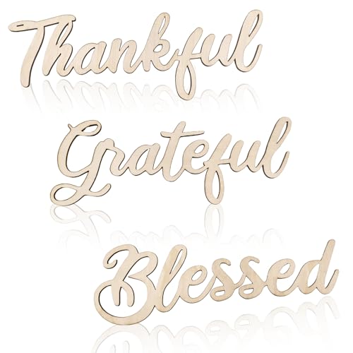 Zaruatu 3 Pcs Thankful Grateful Blessed Wall Signs Thankful Grateful Blessed Signs for Home Decor Wooden Letter Decorations for Wreath DIY Crafts Door Hanger Wall Art Decor (Wood-Thankful)
