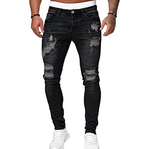 Maiyifu-GJ Men's Straight Slim Fit Ripped Jeans Skinny Distressed Destroyed Denim Pants Lightweight Tapered Leg Biker Jean (Black,Medium)