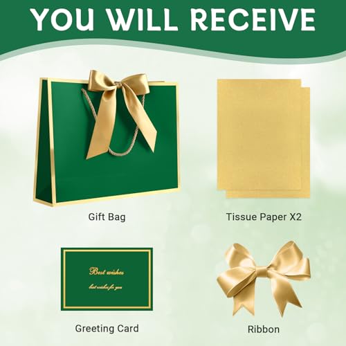 Image of JMANNI Gift Bags with Handles, 13 inch Medium Gift Bags with Tissue Paper | 1 Pcs Green Bags, 2 Tissue Paper and 1 Cards, for Baby Shower, Wedding Bridal Shower, Birthday Party