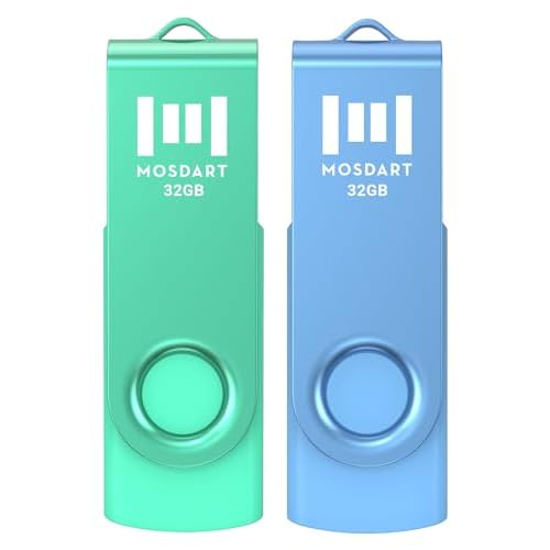 MOSDART 32GB USB2.0 Flash Drive, with Keychain Loop, Swivel Design with LED Light, FAT32 Memory Stick for Computers, System Backup, Data Storage, Green and Blue (Pack of 2)