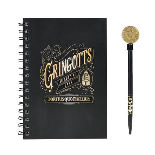 Image of Blue Sky Studios Harry Potter A5 Notebook & Pen Set – Officially Licensed Gringotts Design, Black & Gold Notebook with Coin-Topped Pen, Gringotts Bank Artwork on Front Cover