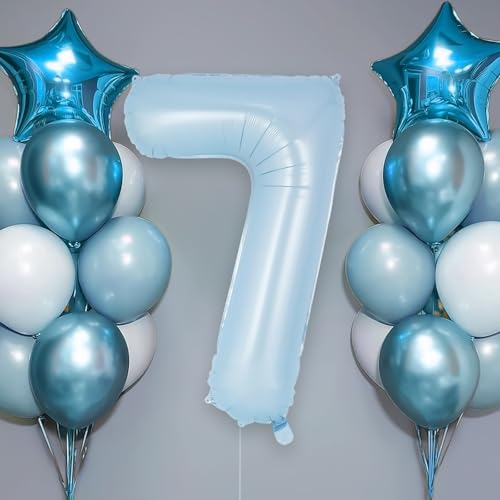 Image of Light Blue Number 7 Balloon, 40 Inch Big Large Foil Number Balloons, Giant Mylar Number 7 Balloons for 7 Year old Birthday Baby Party Decorations Supplies Anniversary