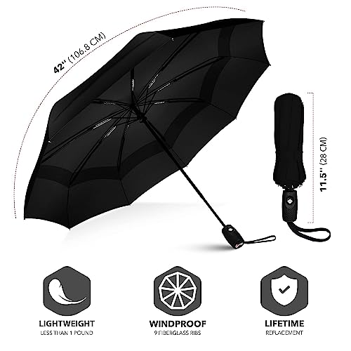 Image of Automatic Open Close Compact Travel Umbrella with Wind Vent Umbrella big size Lightweight Windproof Folding for men Women (Black.1)