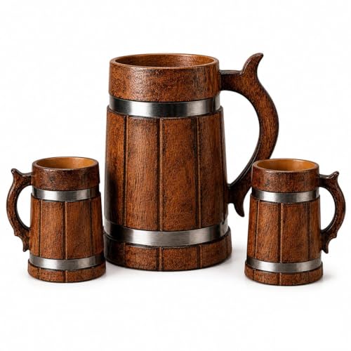 Image of Wooden Beer Bar Combo Set | Barrel Shaped Jumbo Mug | 2 Small Beer Mug 350ML (5 x 4 inches Each) & 1 Large Beer Jug 750ML (Steel Band)