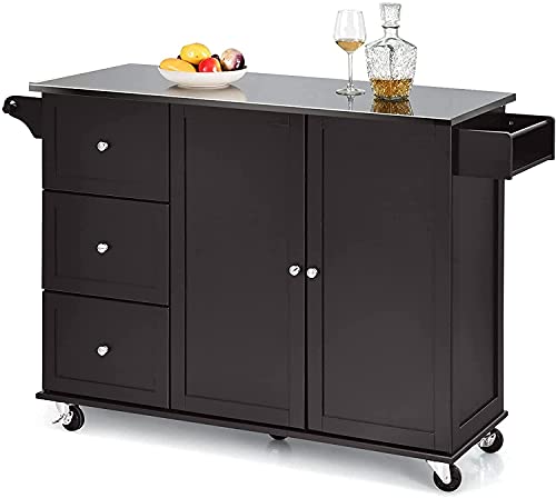  BANGTANE Kitchen Cart Kitchen Island on Wheel w- Stainless Steel Top, Adjustable Shelf, Spice & Towel Rack, Mobile Kitchen Island with Storage Cabinet, 3 Drawers, Perfect for Dining Room, Living Room