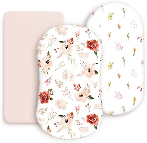 GRSSDER Stretchy Ultra Soft Fitted Bassinet Sheet Set 3 Pack, Universal Fit for Bassinets Baby Cradle Moses Basket Oval Rectangle Mattress, Pretty Watercolor Rose Flora for Baby Girls, Orange Pink