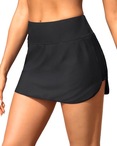 Tempt Me Women's High Waisted Swim Skirt with Zipper Pockets, Athletic Bikini Skirt Bottoms in Black, Medium