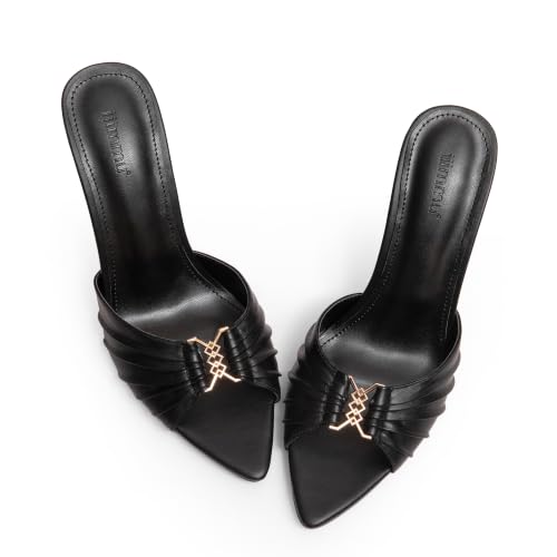 Image of iiimmu 3.5 IN Stiletto Mules High Heels with Pointed Peep Toe Heeled Sandals Faux Leather