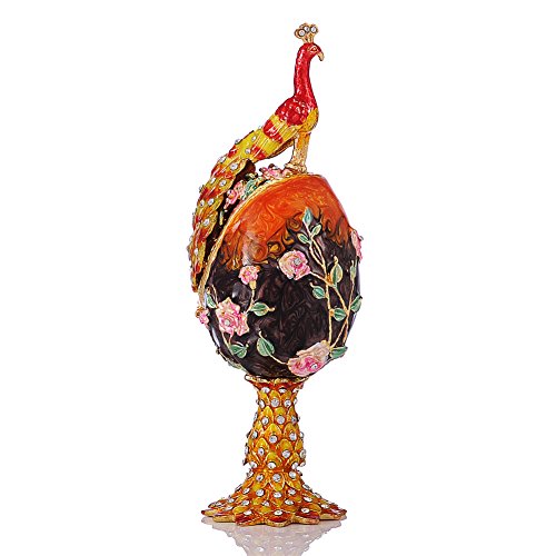 QIFU Hand Painted Orange Peacock Style Easter Egg Enamel Trinket Box Unique Gift for Family