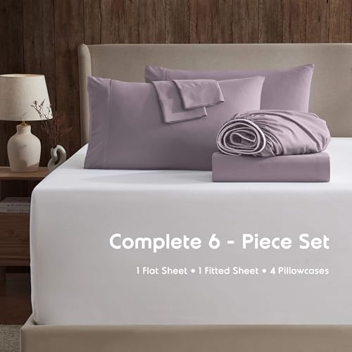 Image of Nestl Extra Deep Cal King Sheet Set - 6 Piece Breathable & Cooling Sheets - Hotel Luxury Bedding Set w /18-24 Inch Deep Pockets - Easy & Secure Fit - Super Soft, Wrinkle Free & Comfy - Dusty Purple