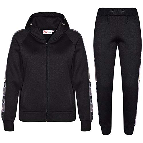 A2Z 4 Kids Girls Boys Tracksuit Plain Zipped Hooded Sweatshirt Top Bottoms Gym Jogging - T.S 102 Black & Camo Charcoal 13
