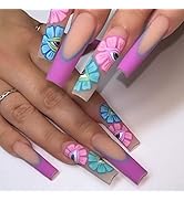 SIXDIAN Frendh Tip Press on Nails Long Coffin Pink Fake Nails with Graffiti Eyes Glue on Nails Bl...