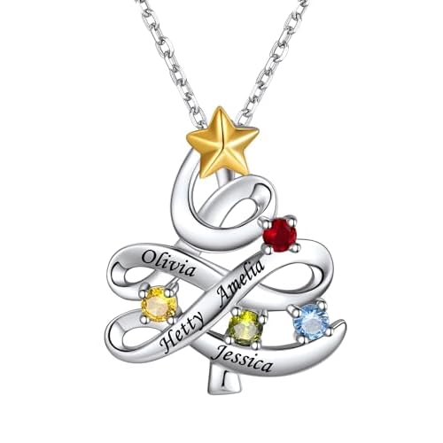 Custom4U Birthstone Name Pendant Necklace for Women, Custom Name Necklace with 1-5 Birthstones CZ, Silver/Gold Plated Personalized Jewelry New Mom Grandma Gifts for Birthday Mother's Day Chr