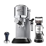 DeLonghi Dedica EC 685.M Espresso Siebträgermaschine | 15 bar | Professionelle Milchschaum Düse | Silber Kaffee-Tamper aus Edelstahl mit Holzgriff Elektrische Kaffeemühle, silber