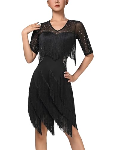 OMEWEE Damen Quaste Latin Tanzkleid Kurzarm Strass Glitzer Fransenkleid Gatsby Cocotail Party Flapper Kleider Mini Samba Cha Cha Dance Kleid Ballroom...