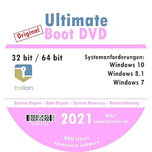 TRALION Ultimate Boot 2021 – CD/DVD für Windows XP, Windows Vista, Windows 7, Windows 8.1, Windows 10 – System Rettung, Notfall DVD – 32bit, 64bit – deutsch