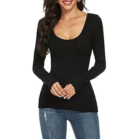 WOSALBA Womens Scoop U Neck U Back Reversible Long Sleeve Soft Stretch Layer Tee Shirts (S, Black) Cover