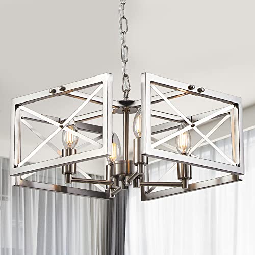 Doltoro Brushed Nickel Farmhouse Chandelier 4-Light Modern Chandelier For Dining Room Lighting Fixtures Hanging, Iron Square Frame Chandeliers For Hallway Kitchen Foyer Living Room Bedroom #TOP4