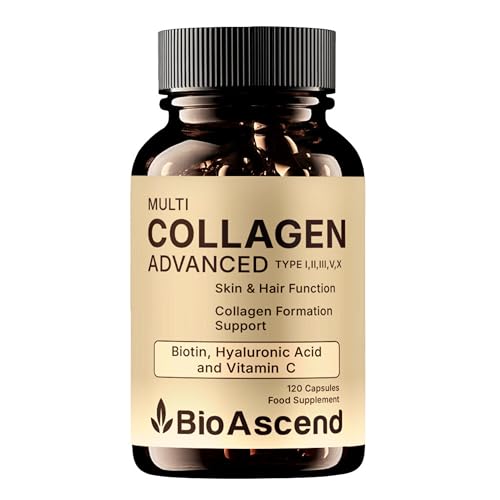 BioAscend Multi Collagen Advanced with Biotin, Hyaluronic Acid & Vitamin C – Types I, II, III, V & X – 120 Capsules – Hydrolysed Bovine, Fish, Chicken & Eggshell Collagen – 2 Months Supply
