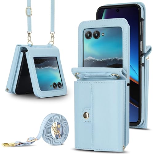 Étui Motorola Razr 60 Ultra bleu évitant les chutes avec sa bandoulière et son rabat en cuir