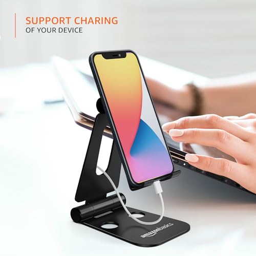 amazon basics Aluminum Adjustable Mobile Phone Foldable Tabletop Stand Dock Mount for All Smartphones, Tabs, Kindle, iPad (Black)