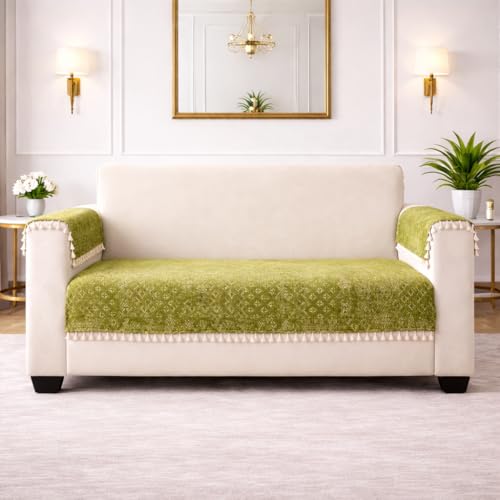Image of STITCHNEST Woven Fabric Sofa Cover 3 Seater with 2 Hand Rest Covers - Washable Green Sofa Cover with Tassels - Durable Premium Fabric - Stylish Sofa Protector for Living Room & Furniture Decor6