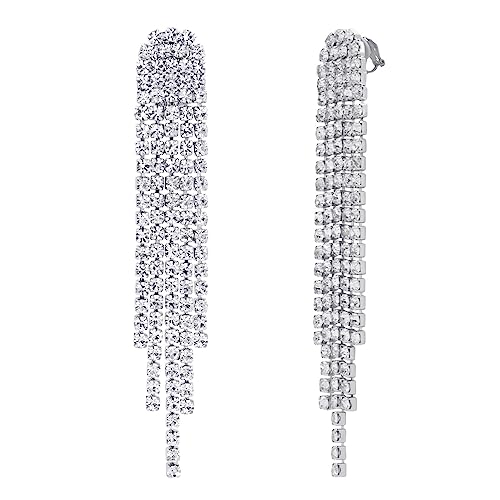 SELOVO Tassel Fringe Dangle Earrings Clear Crystal Party Drop Clip On Earrings