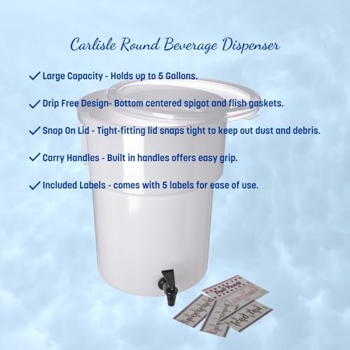 Carlisle FoodService Products Round Beverage Dispenser Drink Dispenser with Spigot for Catering, Plastic, 5 Gallons, White - Thumbnail 4