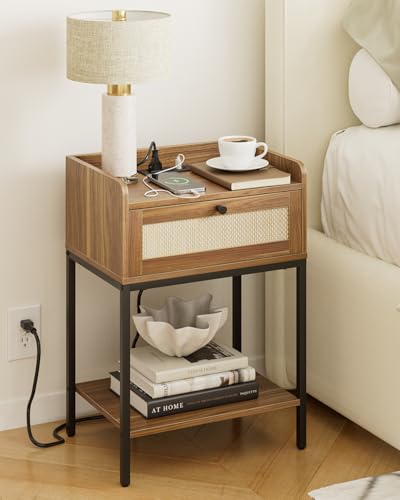 Image of Masupu Nightstand with Charging Station, Modern Bedside Table Night Stand with Storage Drawer and Shelf,Small End Side Table for Bedroom,Living Room,Walnut Brown