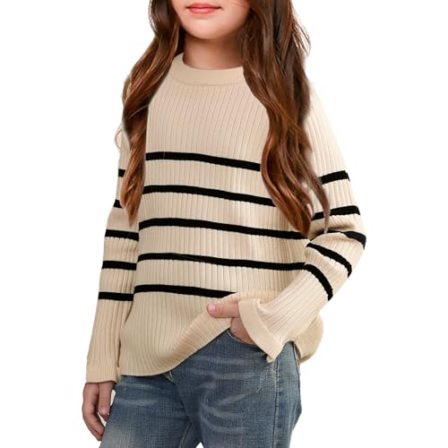 OEBLD Girl's Striped Knit Oversized Fall Sweaters Fashion Long Sleeve Crewneck Pullover Sweater Trendy Tops