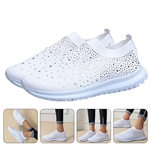 Womens Rhinestone Casual Athletic Running Sneakers Lightweight Breathable Slip On Walking Shoes Womens Casual Walking Sneakers Lightweight Breathable Flat Knit Mesh Comfortable Work Shoe White #TOP7