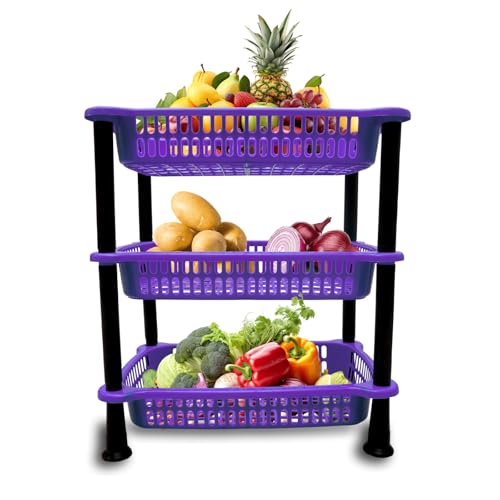 Image of patidar brothers Plastic 3 Layer Multi-Purpose Kitchen Storage Basket Rack|Vegetable Basket For Kitchen (color: Purple)