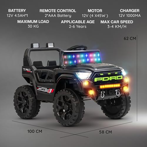 Image of Baybee Maverick Battery Operated Jeep for Kids with RGB Windshield Light, Bluetooth, USB & Music | Baby Big Ride on Battery Car | Electric Jeep Car for Kids to Drive for 2 to 6 Years Boys Girl (Black)