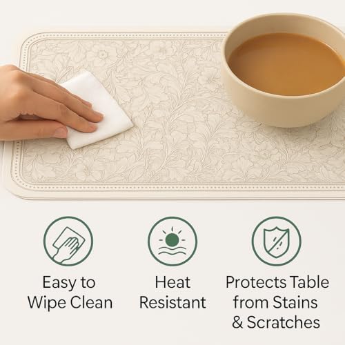 Image of Leather Placemat Cream Floral Design with Border | Heat Resistant, Waterproof, Non-Slip, Easy to Clean Faux Leather Dining Table Mats (Set of 2)